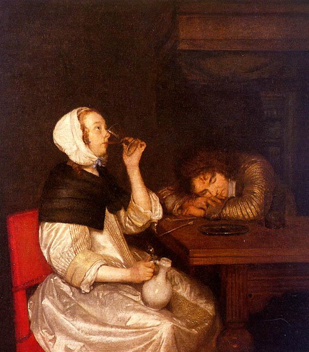 Gerard Ter Borch Woman Drinking with a Sleeping Soldier oil painting image